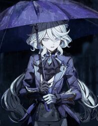1girl absurdres ascot asymmetrical_gloves black_ascot black_background blue_gemstone blue_jacket blue_umbrella commentary_request furina_(genshin_impact) gem genshin_impact gloves hair_between_eyes heterochromia highres holding holding_umbrella jacket koumimi long_hair looking_at_viewer medium_hair mismatched_gloves open_mouth ouji_fashion rain solo umbrella upper_body wavy_hair white_hair