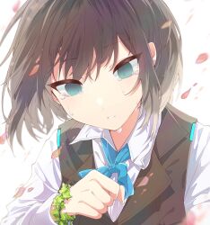 alf11258800 aoi_erika black_hair blue_bow blue_bowtie bow bowtie bracelet brown_vest green_eyes heaven_burns_red highres ivy leaf_bracelet petals portrait shirt tears vest white_background white_shirt