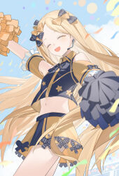 1girl abigail_williams_(fate) absurdres blonde_hair blue_sky bow cheerleader closed_eyes confetti crop_top fate/grand_order fate_(series) flat_chest hair_bow headset highres long_hair miyu10366 multiple_hair_bows navel open_mouth pom_pom_(cheerleading) skirt sky smile solo very_long_hair
