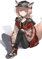 Rule 34 | 1girl, absurdres, animal ears, arknights, black choker, black pants, blue eyes, braid, brown hair, choker, closed mouth, clothes writing, collarbone, commentary, cross, drawstring, earrings, ears through headwear, full body, fumi (rdbm), greek cross, hand on own knee, hat, highres, jewelry, long sleeves, looking at viewer, material growth, medium hair, official alternate costume, oripathy lesion (arknights), pants, peaked cap, shadow, simple background, sitting, smile, solo, sussurro (arknights), sussurro (travel freely) (arknights), tail, white background