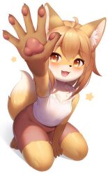 1girl :d ahoge animal_ears bike_shorts blush brown_eyes camisole claws foreshortening fox_ears fox_girl fox_tail furry furry_female highres kneeling light_brown_hair medium_hair open_mouth original palms pawpads pink_shorts reaching reaching_towards_viewer sasayuki_(kemonoyou) shorts simple_background smile solo star_(symbol) tail white_background
