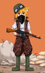 1girl ak-47 akm animal_ear_fluff animal_ears assault_rifle asymmetrical_hair bandana black_bandana blonde_hair boots brown_pants brown_vest camouflage camouflage_pants commentary_request cookie_(touhou) fox_ears fox_girl fox_tail full_body grass green_boots gun helmet highres holding holding_gun holding_weapon kalashnikov_rifle looking_at_viewer medium_hair miramikaru_riran orange_background pants pants_tucked_in red_eyes rifle rock sandbag shirt short_sleeves sidelocks solo standing tail trigger_discipline vest weapon white_shirt yan_pai