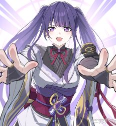 1girl :d absurdres adapted_costume alternate_hairstyle asiri_senpai black_bridal_gauntlets black_shirt blue_pupils breasts bridal_gauntlets commentary english_commentary genshin_impact highres japanese_clothes kimono long_hair looking_at_viewer mole mole_under_eye open_mouth outstretched_arms purple_eyes purple_hair purple_kimono purple_sash raiden_shogun sash shirt small_breasts smile solo twintails twitter_username upper_body v-shaped_eyebrows very_long_hair