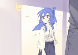 1girl 1other blue_skirt bug butterfly child highres insect kazanari_tsubasa long_hair long_sleeves looking_at_animal mokutan_mmmm senki_zesshou_symphogear shirt side_ponytail skirt solo_focus white_shirt