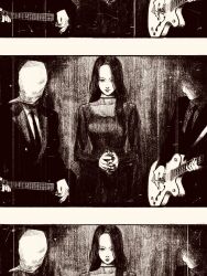 1girl 2boys black_dress black_hair black_jacket blazer business_suit collared_shirt dress film_reel formal_clothes greyscale highres jacket long_hair mask monochrome multiple_boys necktie original sack shirt suit tp_p_pt white_shirt