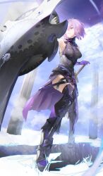 1girl absurdres armor armored_boots black_armor black_thighhighs boots breastplate breasts cape commentary fate/grand_order fate_(series) full_body gorget highres holding holding_shield large_breasts looking_to_the_side mash_kyrielight mash_kyrielight_(demi-servant) medium_hair milbi parted_lips purple_cape purple_eyes purple_hair shield solo standing sword thighhighs waist_cape weapon