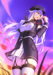 Rule 34 | 1girl, 86 -eightysix-, absurdres, armband, belt, blue eyes, blue jacket, blue skirt, blue sky, breasts, closed mouth, cowboy shot, cropped jacket, falling petals, floating hair, garter straps, grey hair, gun, hair between eyes, hat, high-waist skirt, highres, jacket, legs together, limart, long hair, long sleeves, looking afar, medium breasts, military hat, military jacket, military uniform, o-ring, o-ring belt, outdoors, petals, rifle, shirt, skirt, sky, solo, standing, thighhighs, very long hair, vladilena millize, weapon, white belt, white shirt, white thighhighs