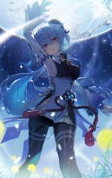 1girl absurdres arm_up armpits backless_outfit bell black_leotard blue_hair bodystocking bodysuit breasts cowbell detached_sleeves feet_out_of_frame ganyu_(genshin_impact) genshin_impact goat_horns halterneck highres horns kamatoyu leotard leotard_under_clothes long_hair looking_at_viewer medium_breasts neck_bell no_gloves orb parted_lips purple_eyes sideboob sidelocks solo standing waist_cape