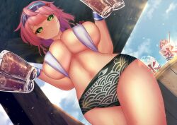 Rule 34 | 1girl, ahoge, alternate costume, animal print, black panties, blue headwear, blush, breasts, cleavage, commentary request, cup, drinking glass, dutch angle, fish print, green eyes, holding glass, huge breasts, looking at viewer, okunoda miyoi, okunoda miyoi (waitress of beach house kourindou), open mouth, panties, pink hair, short hair, shounen (hogehoge), skindentation, solo, touhou, touhou lostword, underwear, variant set, whale print