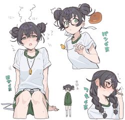 ^^^ alternate_costume alternate_hairstyle anpan arm_support averting_eyes blush braid cevio collarbone cropped_legs cropped_torso dirty dirty_clothes dizzy double_bun embarrassed unworn_eyewear food food_bite full_mouth glasses green_eyes green_jacket green_shorts gym_shirt gym_shorts gym_uniform hair_bun hanakuma_chifuyu hand_up head_steam highres hot invisible_chair jacket long_hair looking_at_viewer low_twin_braids semi-rimless_eyewear shaded_face shirt short_sleeves shorts simple_background sitting surprised synthesizer_v teshima_nari track_jacket translation_request twin_braids v-shaped_eyebrows whistle whistle_around_neck white_background white_shirt wide-eyed