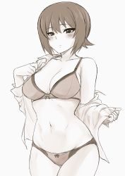1girl araki_jeccy blush bow bow_bra bow_panties bra breasts cleavage closed_mouth commentary cowboy_shot dress_shirt girls_und_panzer greyscale half-closed_eyes highres lace lace-trimmed_bra lace_trim light_smile long_sleeves looking_at_viewer medium_breasts monochrome navel nishizumi_maho no_pants off_shoulder open_clothes open_shirt panties shirt short_hair sketch solo standing underwear undressing