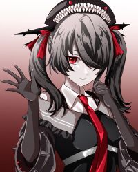 Rule 34 | 1girl, absurdres, abyssal ship, bare shoulders, black gloves, black hair, collared shirt, colored skin, commentary request, dress, elbow gloves, frilled dress, frills, gloves, hair over one eye, hair ribbon, hat, highres, horns, kantai collection, long hair, looking at viewer, necktie, pale skin, ra-class destroyer, ra-class destroyer delta, red eyes, red necktie, red ribbon, revision, ribbon, shirt, smile, solo, twintails, upper body, waving, white shirt, white skin, ym 1221