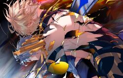 Rule 34 | 2boys, alternate form, aqua eyes, back-to-back, black shirt, blonde hair, closed mouth, cracked skin, dual persona, grey hair, highres, honkai: star rail, honkai (series), male focus, multiple boys, parted lips, phainon (honkai: star rail), renjian85537597, shirt, short hair, stab, sword, torn clothes, upper body, weapon, wind, yellow eyes