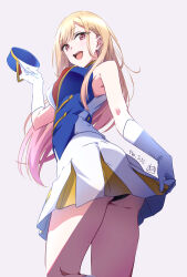 Rule 34 | 1girl, :d, armpit peek, ass, band uniform, barbell piercing, bare shoulders, black panties, blonde hair, breasts, cosplay, dated, ear piercing, earrings, elbow gloves, floating hair, from below, gloves, gradient hair, hat, hibike! euphonium, highres, holding, holding unworn clothes, holding unworn hat, industrial piercing, jewelry, kitagawa marin, long hair, marching band, medium breasts, multicolored hair, nii manabu, open mouth, panties, pantyshot, piercing, pink hair, pleated skirt, red eyes, revision, shako cap, shirt, signature, skirt, skirt hold, sleeveless, sleeveless shirt, smile, solo, sono bisque doll wa koi wo suru, swept bangs, thighs, underwear, unworn hat, unworn headwear, white gloves