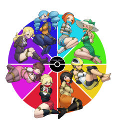 6+girls ace_trainer_(pokemon) barefoot bdsm beret black_hair black_socks black_sweater black_thighhighs blonde_hair blue_hair blue_hairband blue_pantyhose bondage bound breasts brown_hair buttons chinese_commentary cleavage collared_shirt color_wheel_challenge commentary_request creatures_(company) dress gag gagged game_freak green_dress hair_ornament hairband hairclip hat helmet highres improvised_gag knee_pads knees lady_(pokemon) lass_(pokemon) long_hair multiple_drawing_challenge multiple_girls ninja-gokko nintendo office_worker_(pokemon) one_eye_closed orange_hair orange_hat orange_skirt orange_vest pantyhose pink_dress pleated_skirt pokemon pokemon_bw pokemon_oras pokemon_xy red_skirt rising_star_(pokemon) roller_skater_(pokemon) shibari shirt skirt socks sweater swept_bangs tape tape_gag thighhighs toes tourist_(pokemon) twintails vest white_hat white_shirt white_socks yellow_helmet