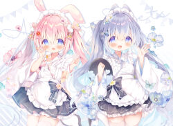 2girls :d animal_ear_fluff animal_ears animal_print apron black_skirt blue_eyes blue_flower blush butterfly_print commentary_request floral_print flower frilled_apron frilled_skirt frills grey_hair hair_between_eyes hands_up haru_ichigo highres holding holding_tray japanese_clothes kimono long_sleeves maid maid_headdress multiple_girls open_mouth original pennant pink_flower pink_hair print_kimono rabbit_ears skirt smile string_of_flags thighhighs tray twintails wa_maid white_apron white_background white_kimono white_thighhighs wide_sleeves