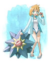 1girl absurdres breasts competition_swimsuit eyelashes gen_1_pokemon gen_2_pokemon green_eyes hair_between_eyes highres holding holding_poke_ball jacket legs long_sleeves looking_at_viewer medium_breasts misty_(pokemon) nintendo one-piece_swimsuit orange_hair peppedayo_ne poke_ball pokemon pokemon_(creature) pokemon_hgss short_hair solo starmie swimsuit thighs white_one-piece_swimsuit