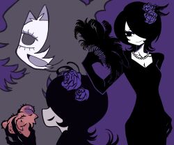 1girl absurdres animal baby_animal bird black_dress black_eyes black_hair chick commentary_request dress fanning_self feather_fan flower hair_flower hair_ornament hair_over_one_eye hand_fan highres holding holding_animal holding_fan horns kakke666 korean_commentary long_sleeves multiple_views original pencil_dress purple_background purple_flower short_hair simple_background