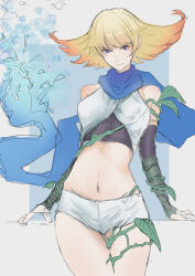 1girl absurdres blonde_hair blue_scarf cowboy_shot gradient_hair highres kid_icarus kid_icarus_uprising looking_at_viewer midriff multicolored_hair navel nintendo nitosuke phosphora plant purple_eyes scarf shorts sketch solo vines white_shorts
