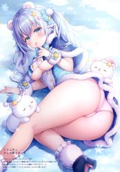 1girl absurdres animal animal_ears ass bear bear_ears black_capelet black_footwear black_skirt blue_bow blue_eyes blue_headwear blue_shirt blush bow breasts capelet cleavage commentary_request fang finger_to_mouth fur-trimmed_capelet fur-trimmed_headwear fur-trimmed_skirt fur_trim hair_between_eyes hair_bow hair_ornament hand_up high_heels highres large_breasts long_hair looking_at_viewer lying mitsuba_choco on_side open_mouth original panties pink_headwear pink_panties polar_bear polka_dot polka_dot_headwear shirt silver_hair skirt snow snowflakes solo star_(symbol) star_hair_ornament striped_bow twintails underboob underwear water