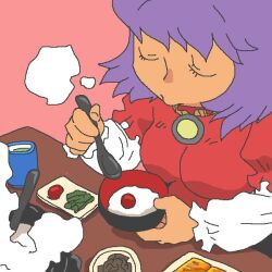 1girl bowl breasts closed_eyes commentary_request cup food fruit holding holding_bowl holding_spoon layered_sleeves long_sleeves medium_breasts oekaki onikobe_rin pink_background plate purple_hair red_shirt rice shirt short_hair short_over_long_sleeves short_sleeves simple_background solo spoon table touhou umeboshi upper_body yasaka_kanako yunomi