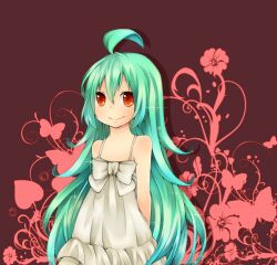 1girl ahoge arms_behind_back blush bow closed_mouth commentary_request cowboy_shot dress flat_chest floral_background green_hair lif_(ragnarok_online) long_hair looking_at_viewer meiko_(nattu303) orange_eyes ragnarok_online red_background smile solo sundress very_long_hair white_bow white_dress