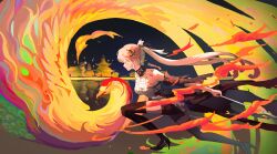 1girl absurdres architecture bare_shoulders bird black_collar black_jacket black_shoes black_shorts black_thighhighs body_markings breasts changli_(wuthering_waves) cleavage collar commentary detached_sleeves east_asian_architecture feather_hair from_side hashtag-only_commentary high_heels highres holding holding_sword holding_weapon jacket long_hair medium_breasts multicolored_hair oakspring1882 phoenix pink_hair ponytail shoes short_sleeves shorts solo sword thighhighs thighs two-tone_hair weapon white_hair wuthering_waves