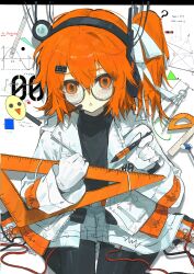 1girl a.i._voice adachi_rei belt black_shirt board_eraser cable commentary_request compass_(instrument) glasses gloves hair_between_eyes hair_ribbon headlamp headphones highres holding holding_pen jacket kaiaik_(zheliakaina) kneeling long_hair looking_at_viewer math microphone open_clothes open_jacket open_mouth orange_belt orange_eyes orange_hair pantyhose pen pencil protractor radio_antenna ribbon round_eyewear ruler set_square shirt shoes side_ponytail sneakers solo torn_clothes torn_pantyhose triangle triangle_mouth utau white_background white_gloves white_jacket white_ribbon white_shoes