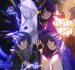 1boy 1girl absurdres blue_hair blunt_bangs blunt_ends bridal_gauntlets broken broken_statue chinese_commentary closed_eyes closed_mouth crying genshin_impact hair_ornament highres holding_another&#039;s_wrists indoors japanese_clothes kneeling leaning_on_person long_hair long_sleeves looking_down momogourami mother_and_son neck_ribbon parted_lips purple_eyes purple_veil raiden_shogun red_ribbon ribbon scaramouche_(genshin_impact) scaramouche_(kabukimono)_(genshin_impact) short_hair standing statue tears veil wide_sleeves