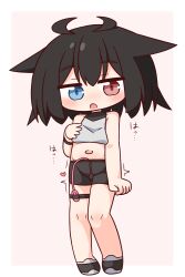 1girl absurdres bare_arms bare_shoulders black_hair black_shoes black_shorts blue_eyes blush border commentary_request crop_top cropped_shirt egg_vibrator full_body hana_kazari heterochromia highres looking_at_viewer midriff navel open_mouth original outside_border red_eyes sex_toy shirt shoes short_hair shorts simple_background sleeveless sleeveless_shirt solo standing vibrator vibrator_in_thigh_strap white_border yellow_background