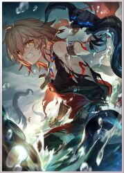 1boy aged_down ahoge arm_tattoo armlet bandaged_arm bandages bare_shoulders belt black_gloves black_pants black_shirt blonde_hair bruise bruise_on_face clenched_teeth cloud cloudy_sky gauntlets gloves gold_armlet gradient_hair hadanugi_dousa highres honkai:_star_rail honkai_(series) injury jewelry looking_to_the_side male_focus medium_hair multicolored_hair mydei_(a_trail_of_bygone_blood)_(honkai:_star_rail) mydei_(honkai:_star_rail) neck_tattoo necklace official_alternate_costume official_art open_kimono orange_hair pants partially_submerged red_shirt shirt short_hair single_gauntlet single_glove sky solo tattoo teeth tentacles third-party_source water_drop yellow_eyes