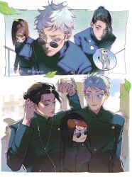 Rule 34 | 1girl, 2boys, aged down, animal, animalization, black hair, black jacket, blue eyes, boy sandwich, brown hair, cat, closed eyes, closed mouth, commentary, ear piercing, earbuds, earphones, english commentary, falling leaves, gakuran, getou suguru, gojou satoru, hair bun, hair pulled back, highres, holding, ieiri shoko, jacket, jujutsu kaisen, jujutsu tech uniform, lacampanule, leaf, long sleeves, looking at another, mole, mole under eye, multiple boys, person and animalization, piercing, round eyewear, sandwiched, school uniform, short hair, single hair bun, smile, sparkle, speech bubble, sunglasses, thought bubble, upper body, weasel, white hair