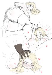 Rule 34 | 1girl, absurdres, arm behind head, armpits, ass, blonde hair, blush, breasts, copyright request, drooling, groin tendon, hand on another&#039;s head, head grab, head pinned down, heart, held down, highres, implied sex, large breasts, long hair, looking at viewer, mole, mole on breast, nose blush, partially visible vulva, pinned, pussy, pussy peek, raised eyebrows, restrained, rolling eyes, rough sex, saliva, saliva pool, seoyong, sex, simple background, spread legs, thick thighs, thighhighs, thighs, white background