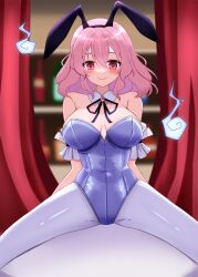 1girl animal_ears blue_leotard blush breasts cleavage covered_navel detached_collar fake_animal_ears fishnet_pantyhose fishnets highleg highleg_leotard highres hitodama ibuibuyou large_breasts leotard looking_at_viewer pantyhose pink_eyes pink_hair playboy_bunny rabbit_ears saigyouji_yuyuko short_hair smile solo spread_legs strapless strapless_leotard touhou