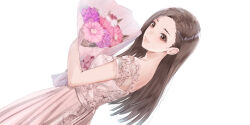 1girl absurdres blue_reflection_(series) blue_reflection_sun brown_eyes brown_hair dress dutch_angle facing_viewer flower forehead from_side highres holding holding_flower ikoma_ayami kishida_mel lace lace-trimmed_dress lace_trim long_hair parted_bangs pink_dress pink_flower simple_background solo white_background white_flower