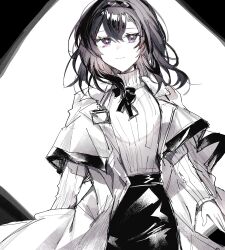 1girl arknights black_hair black_skirt closed_mouth coat commentary cowboy_shot fumi_(rdbm) hair_between_eyes highres lab_coat light_smile long_sleeves medium_hair open_clothes open_coat priestess_(arknights) purple_eyes sketch skirt solo standing sweater turtleneck turtleneck_sweater white_background white_coat white_sweater