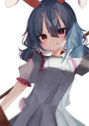 1girl :p absurdres animal_ears arm_up blue_dress blue_hair blurry blush breasts cowboy_shot depth_of_field dress frills hair_between_eyes highres kine looking_at_viewer low_twintails mallet puffy_short_sleeves puffy_sleeves rabbit_ears rabbit_tail raised_eyebrow red_eyes seiran_(touhou) shion_343 short_sleeves simple_background small_breasts solo tail tongue tongue_out touhou twintails white_background