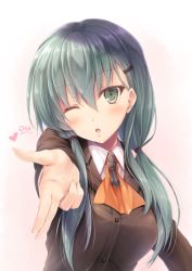 10s 1girl ;o ascot blowing_kiss female_focus green_eyes green_hair hair_ornament hairclip kantai_collection long_hair looking_at_viewer matching_hair/eyes one_eye_closed school_uniform solo suien suzuya_(kancolle)