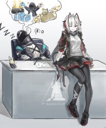 1girl 1other absurdres arknights black_gloves black_jacket black_skirt breasts chinese_commentary commentary_request doctor_(arknights) gloves grey_hair highres horns jacket open_clothes open_jacket pantyhose red_eyes revision rhodes_island_logo_(arknights) shirt short_hair skirt sleeping smile tail w_(arknights) zowli zzz