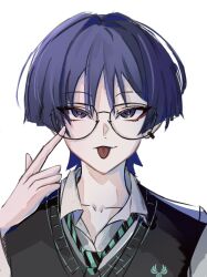 Rule 34 | 1boy, :p, absurdres, akanbe, alternate costume, anemo symbol (genshin impact), bespectacled, black sweater vest, blunt ends, collarbone, collared shirt, contemporary, earrings, eyelashes, eyelid pull, eyeliner, eyeshadow, finger to eye, genshin impact, glasses, hair intakes, highres, index finger raised, jewelry, looking at viewer, makeup, male focus, necktie, portrait, purple eyes, purple hair, red eyeliner, red eyeshadow, rimless eyewear, scaramouche (genshin impact), school uniform, shirt, solo, straight-on, striped necktie, sweater vest, tongue, tongue out, tsurime, wanderer (genshin impact), white background, white shirt, white sleeves, wispy bangs, zeefax u