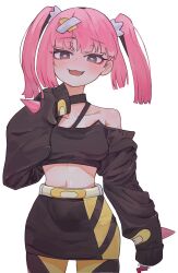 Rule 34 | 1girl, :d, absurdres, belt, blush, bright pupils, collarbone, commentary, coral (pokemon), cowboy shot, fang, grey eyes, hair ornament, highres, kea juck, long sleeves, nintendo, off-shoulder shirt, off shoulder, open mouth, pantyhose, pink hair, pokemon, pokemon (anime), pokemon horizons, shirt, skirt, sleeves past fingers, sleeves past wrists, smile, solo, twintails, white pupils