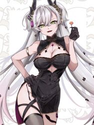 1girl armlet bare_shoulders black_dress black_gloves black_thighhighs breasts candy cleavage crossed_bangs demon_girl demon_horns dress ear_piercing fate/grand_order fate_(series) food gloves green_eyes grey_hair highres horns jewelry kawairuka_ko large_breasts lilith_(fate) lollipop long_hair looking_at_viewer open_mouth piercing pointy_ears smile solo thighhighs thighs