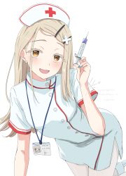 1girl absurdres aqua_nails blonde_hair blush breasts cross dress flipped_hair gakuen_idolmaster hair_ornament hairclip hand_up hat highres holding holding_syringe idolmaster leaning_forward long_hair looking_at_viewer nail_polish name_tag nokino_shida nurse nurse_cap open_mouth orange_eyes pantyhose red_cross red_trim shinosawa_hiro short_sleeves side_slit signature simple_background small_breasts smile solo syringe watermark white_background white_cross white_dress white_pantyhose x_hair_ornament