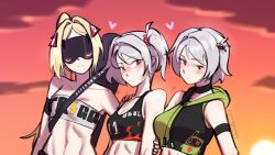 Rule 34 | 3girls, alternate costume, anby demara, blonde hair, blush, covered eyes, heart, highres, looking at viewer, multiple girls, scrapy (greenyscrapy), soldier 11 (zenless zone zero), sunset, trigger (zenless zone zero), white hair, zenless zone zero
