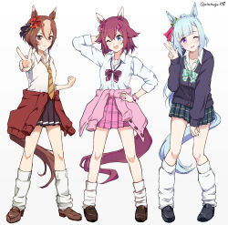 3girls ;d absurdres animal_ears arm_behind_head arm_up black_cardigan black_shoes black_skirt blue_eyes blue_hair braid brown_eyes brown_hair brown_shoes cardigan cardigan_around_waist chokin_tsucho clothes_around_waist collared_shirt commentary_request crown_braid diagonal-striped_clothes diagonal-striped_necktie dress_shirt grey_background hand_on_own_hip highres horse_ears horse_girl horse_tail kneehighs loafers long_hair loose_socks mejiro_ardan_(umamusume) multicolored_hair multiple_girls necktie one_eye_closed open_mouth pink_cardigan pink_skirt pleated_skirt purple_eyes red_cardigan sakura_chiyono_o_(umamusume) school_uniform shirt shoes simple_background skirt smile socks standing striped_clothes tail twitter_username two-tone_hair umamusume very_long_hair white_hair white_shirt white_socks yaeno_muteki_(umamusume)