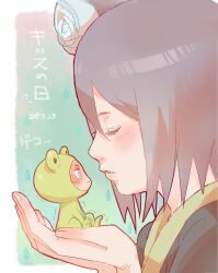 animal_costume blush chibi closed_eyes flower frog_costume hair_flower hair_ornament hetero imminent_kiss konan_(naruto) lips meitarou naruto_(series) naruto_shippuuden orange_hair purple_hair short_hair yahiko_(naruto)