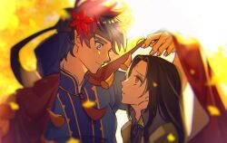 2boys black_hair blue_eyes blue_hair eye_contact facial_mark fire_emblem fire_emblem:_path_of_radiance fire_emblem_heroes forehead_mark headband highres ike_(fire_emblem) ike_(valentine)_(fire_emblem) iki_516 long_hair looking_at_another male_focus multiple_boys nintendo official_alternate_costume red_eyes short_hair soren_(fire_emblem) soren_(valentine)_(fire_emblem) yaoi