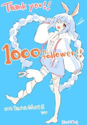 Rule 34 | &gt; &lt;, 1girl, :d, ;d, animal ear fluff, animal ears, barefoot, bikini, bikini under clothes, blue background, blue bikini, blue hair, blue jacket, bow, braid, breasts, brown eyes, cleavage, commentary request, don-chan (usada pekora), hand up, highres, hololive, index finger raised, jacket, kiritoma, long sleeves, milestone celebration, multicolored hair, one eye closed, open clothes, open jacket, open mouth, puffy long sleeves, puffy sleeves, rabbit-shaped pupils, rabbit ears, signature, simple background, sleeves past wrists, small breasts, smile, solo, standing, standing on one leg, swimsuit, symbol-shaped pupils, thank you, translation request, twin braids, twintails, two-tone hair, usada pekora, usada pekora (summer), virtual youtuber, white bow, white hair, xd