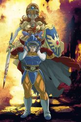 1boy 1girl armor asymmetrical_dual_wielding battle_damage blood blood_on_clothes bloody_clothes bloody_dress bloody_weapon blue_armor blue_bow blue_gemstone blunt_bangs bodysuit boots bow cape commentary_request covered_pectorals curly_hair dragon_quest dragon_quest_i dress dual_wielding earrings erdrick&#039;s_shield erdrick&#039;s_sword fake_horns fire garter_straps gem gloves gold_trim green_eyes hands_on_another&#039;s_thighs helmet hero_(dq1) highres holding holding_sword holding_weapon horned_helmet horns implied_after_fight jewelry long_hair muramasa_mikado muscular muscular_male orange_bodysuit orange_hair pectorals princess princess_laura red_cape red_gemstone red_gloves red_horns roto&#039;s_emblem serious sitting_on_shoulder sphere_earrings sword thighhighs tiara torn_clothes torn_dress two-sided_cape two-sided_fabric waist_bow weapon white_boots white_cape white_gloves white_thighhighs yellow_dress