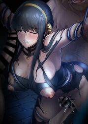 1girl 2boys bar_censor black_dress black_hair blush breasts censored cleavage clenched_teeth closed_eyes clothed_female_nude_male commentary_request dress erection flower gold_hairband group_sex hair_flower hair_ornament hairband hetero highres large_breasts large_variant_set long_hair looking_at_viewer mmf_threesome multiple_boys nipples nude onigirikun paid_reward_available penis pussy_juice rape restrained rose solo_focus spy_x_family sweat teeth thigh_sex threesome torn_clothes torn_dress variant_set yor_briar